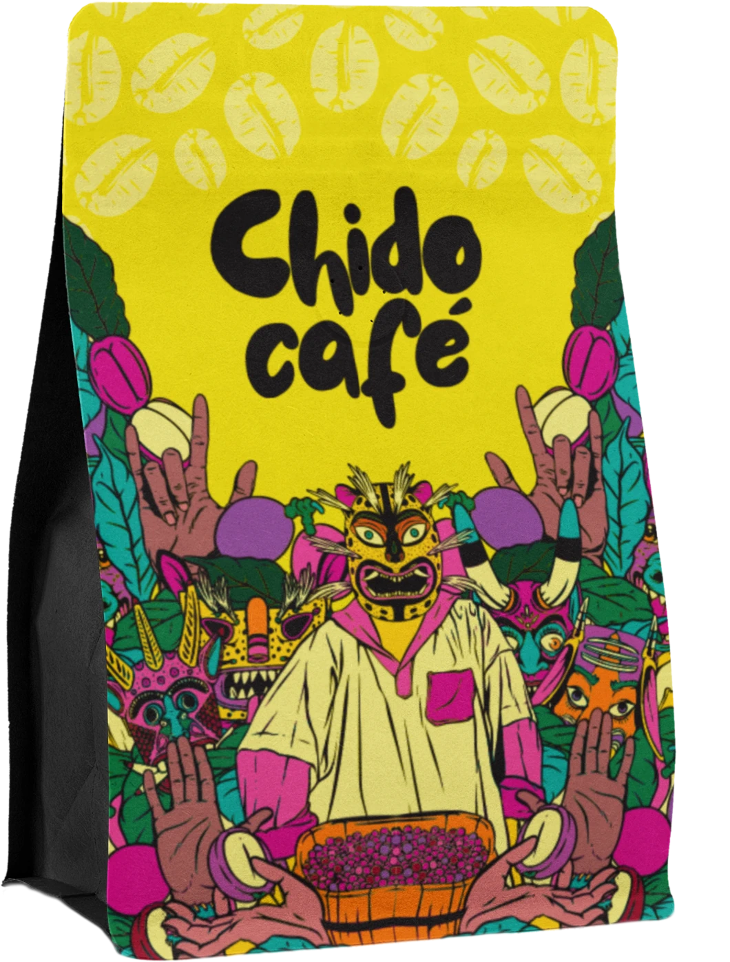 Sachet de café CHIDO, illustration de masques traditionnels et de cueillette